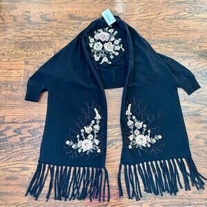 Frank Lyman Wrap Shawl with Sleeves Floral Embroidery Fringed in Black S/M NWT